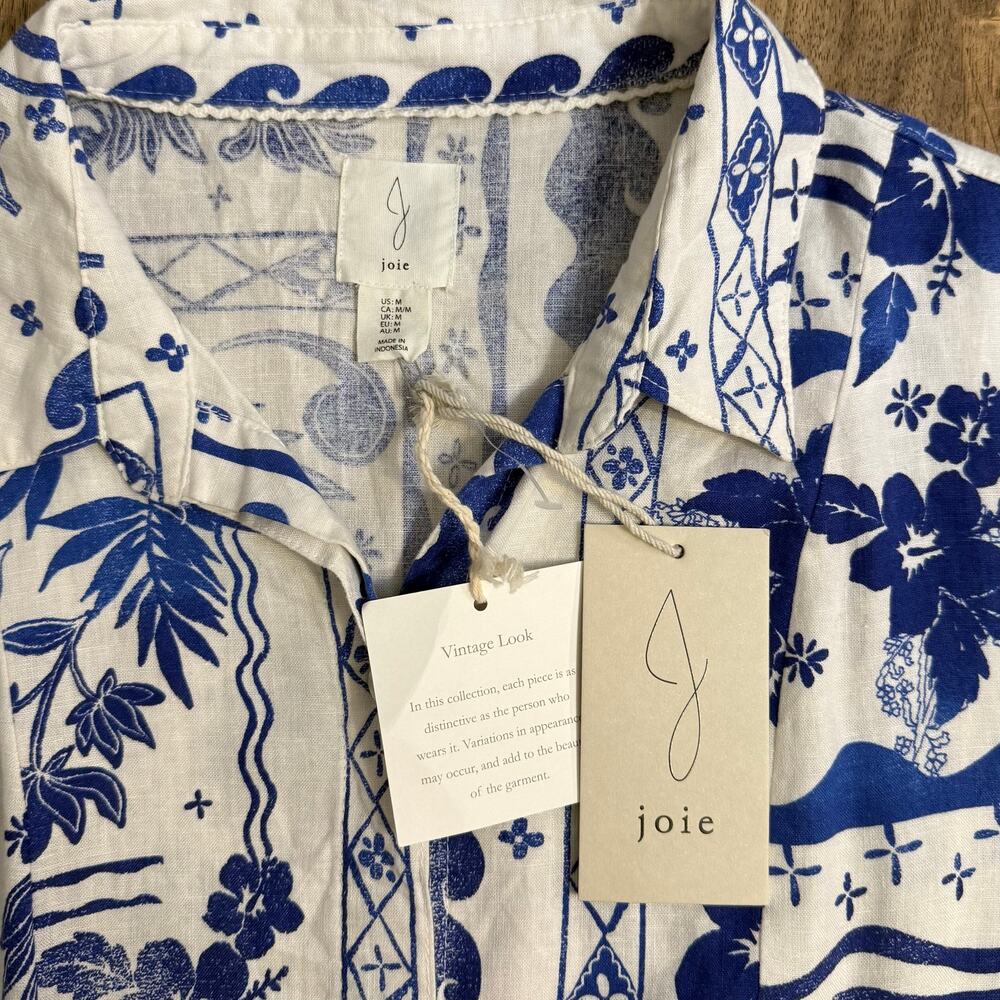 Joie Dress Linen Hawaiian Tropical Hibiscus Resort Beach White Blue Women Medium - Picture 4 of 9